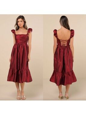 Lulus Poised Passion Wine Red Taffeta Pleated Ruffled Midi Dress Formal Hoco Lg